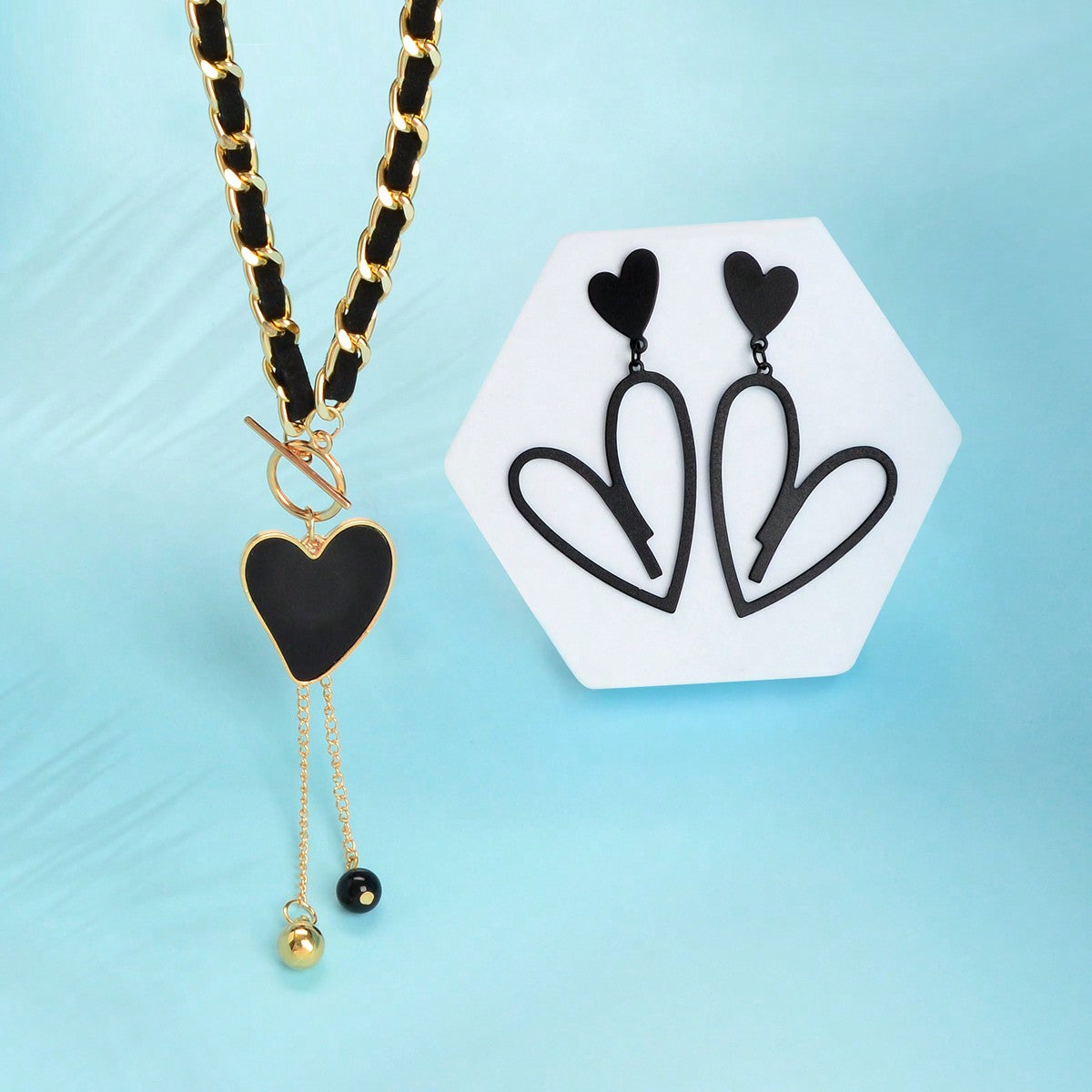 Timeless Elegance Black Heart Pendant Necklace Earrings Classic Jewellery Set-0