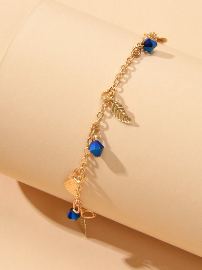 Feelontop Blue BeadsLeaf Charm Anklet Bohemia Handmade Beach Bracelet Foot Chain-2