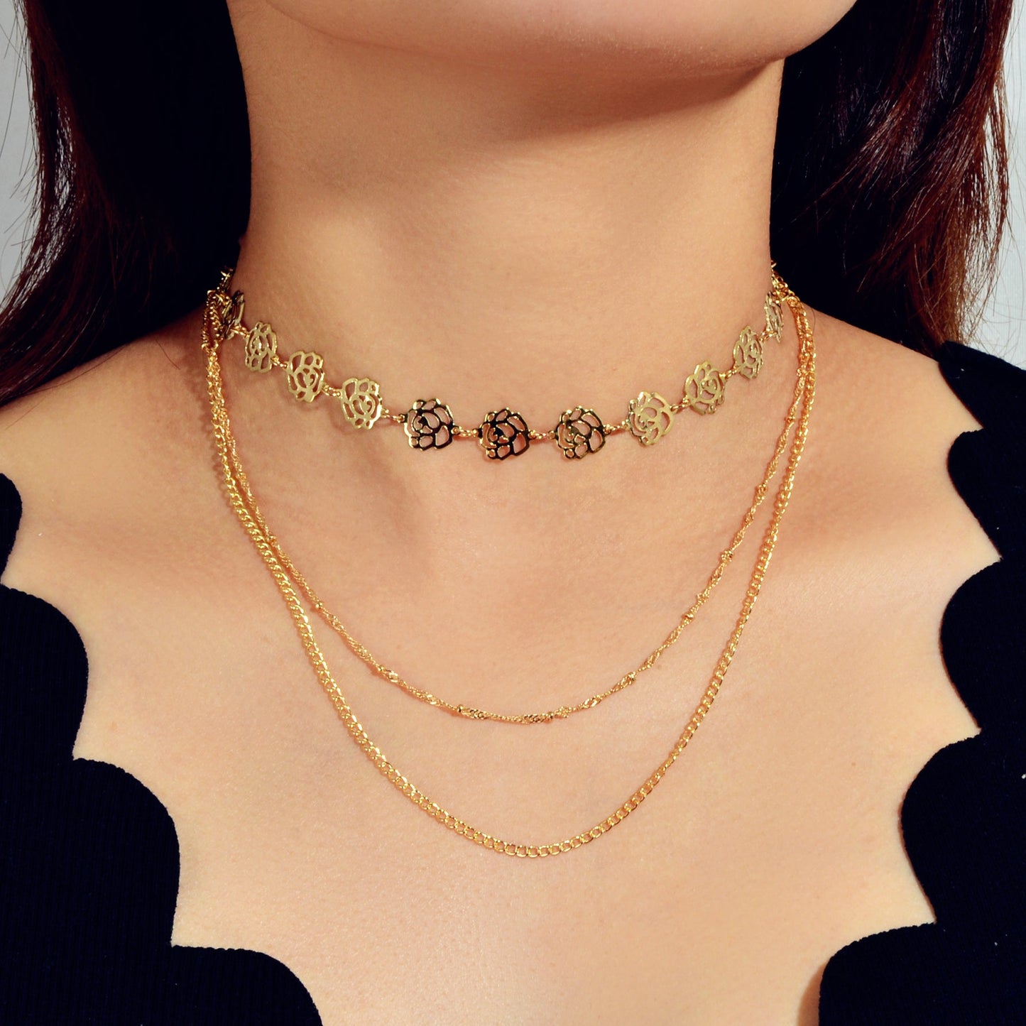 Multi-layer Gold Chain Flower Collar Necklace Ladies Fashion Party Accessories-0