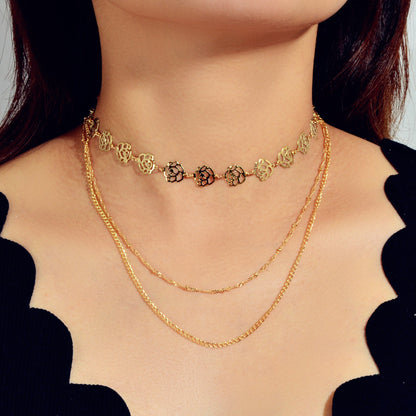 Multi-layer Gold Chain Flower Collar Necklace Ladies Fashion Party Accessories-0