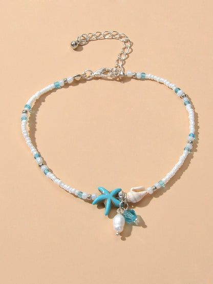 Ocean Style Conch Shell Starfish Seed Beads Turquoise Anklet Sea Beach Jewellery-1