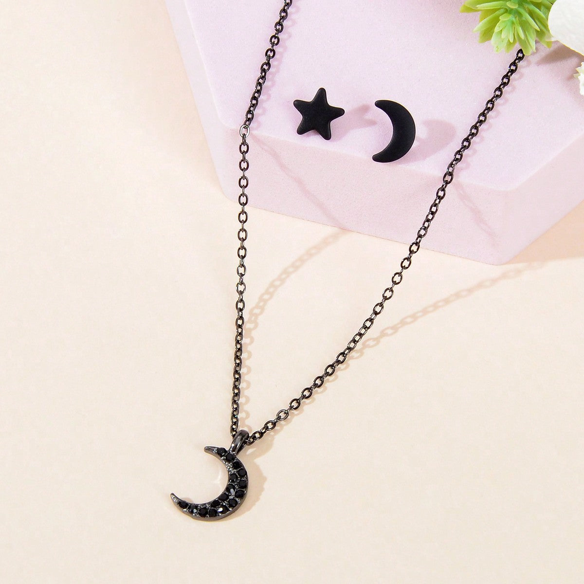 Black Moon Pendant with Moon and Stars Stud Earrings Set Celestial Jewelry Gift-0