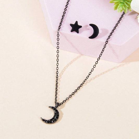 Black Moon Pendant with Moon and Stars Stud Earrings Set Celestial Jewelry Gift-0