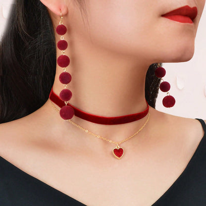 Burgundy Sphere Balls Pendant Earrings Double Layer Winered Heart Necklace Set-0