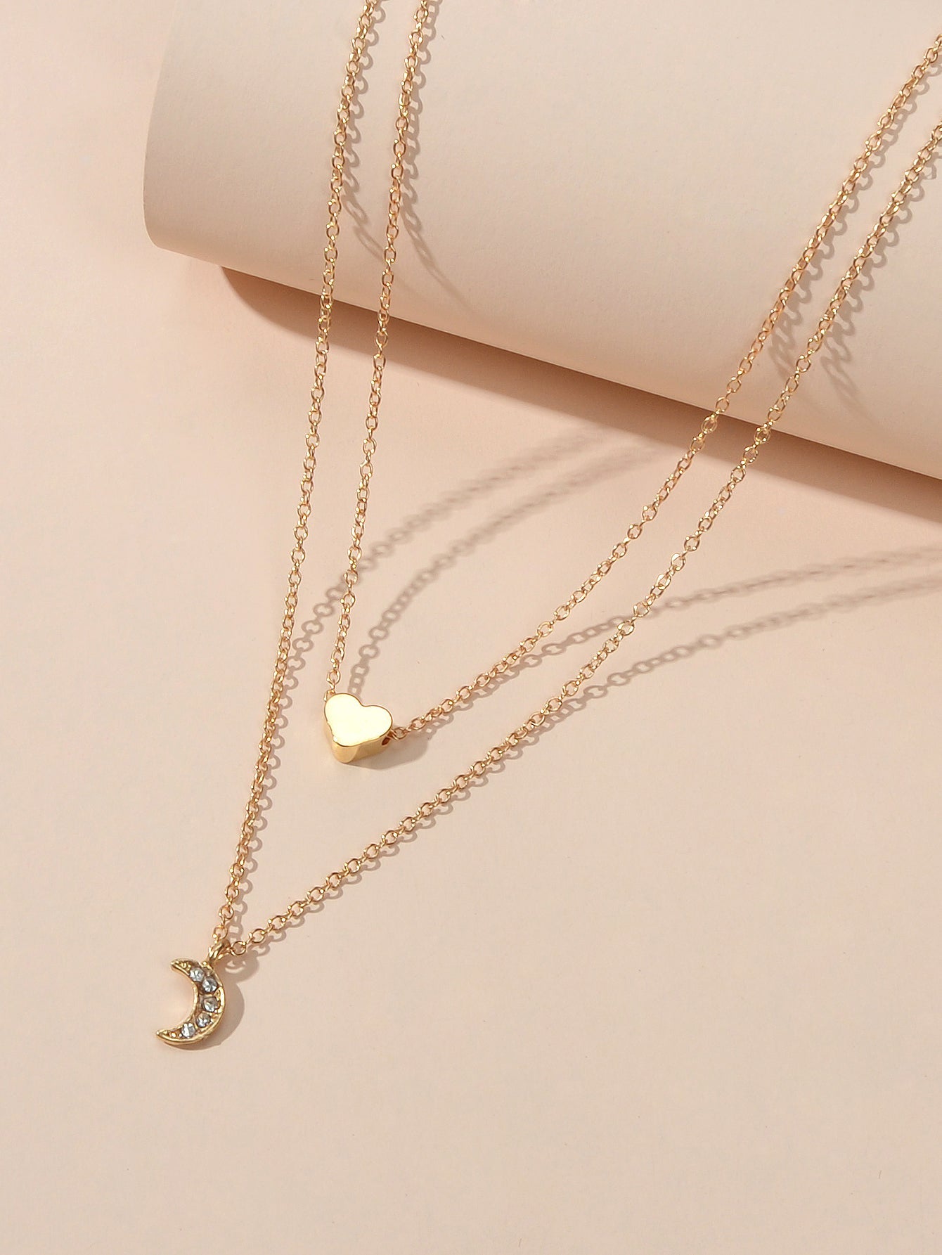 AU Local Rhinestone Double layered Chain Love Heart Moon Necklace Party Jewelry-2