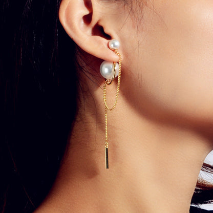 Retro Textured Jewellery Circle Chain Bar Charm Pearl Stud Earrings Ear Jacket-0