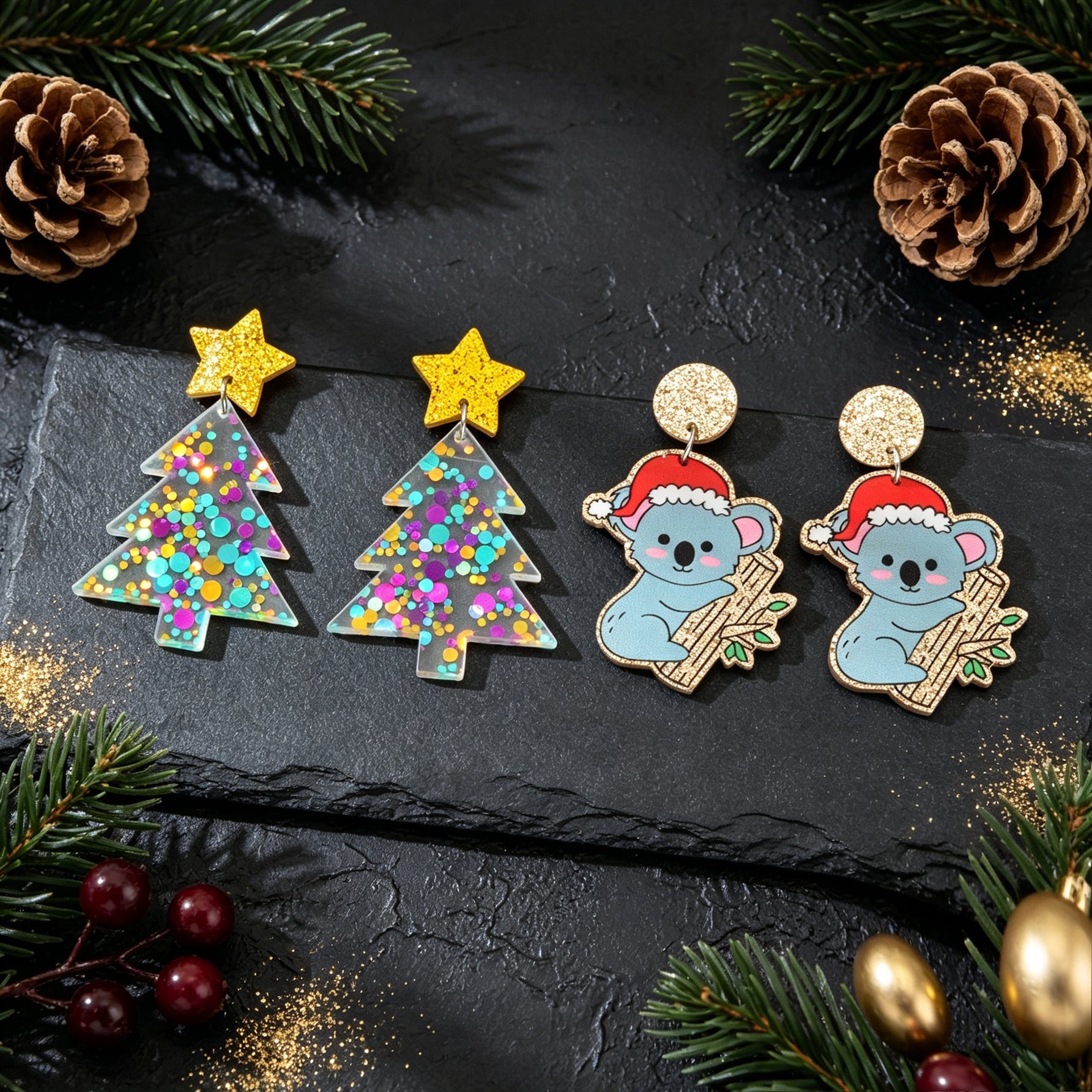 2 pairs Cartoon Christmas Tree Koala Drop Earrings Lovely Holiday Party Jewelry-3