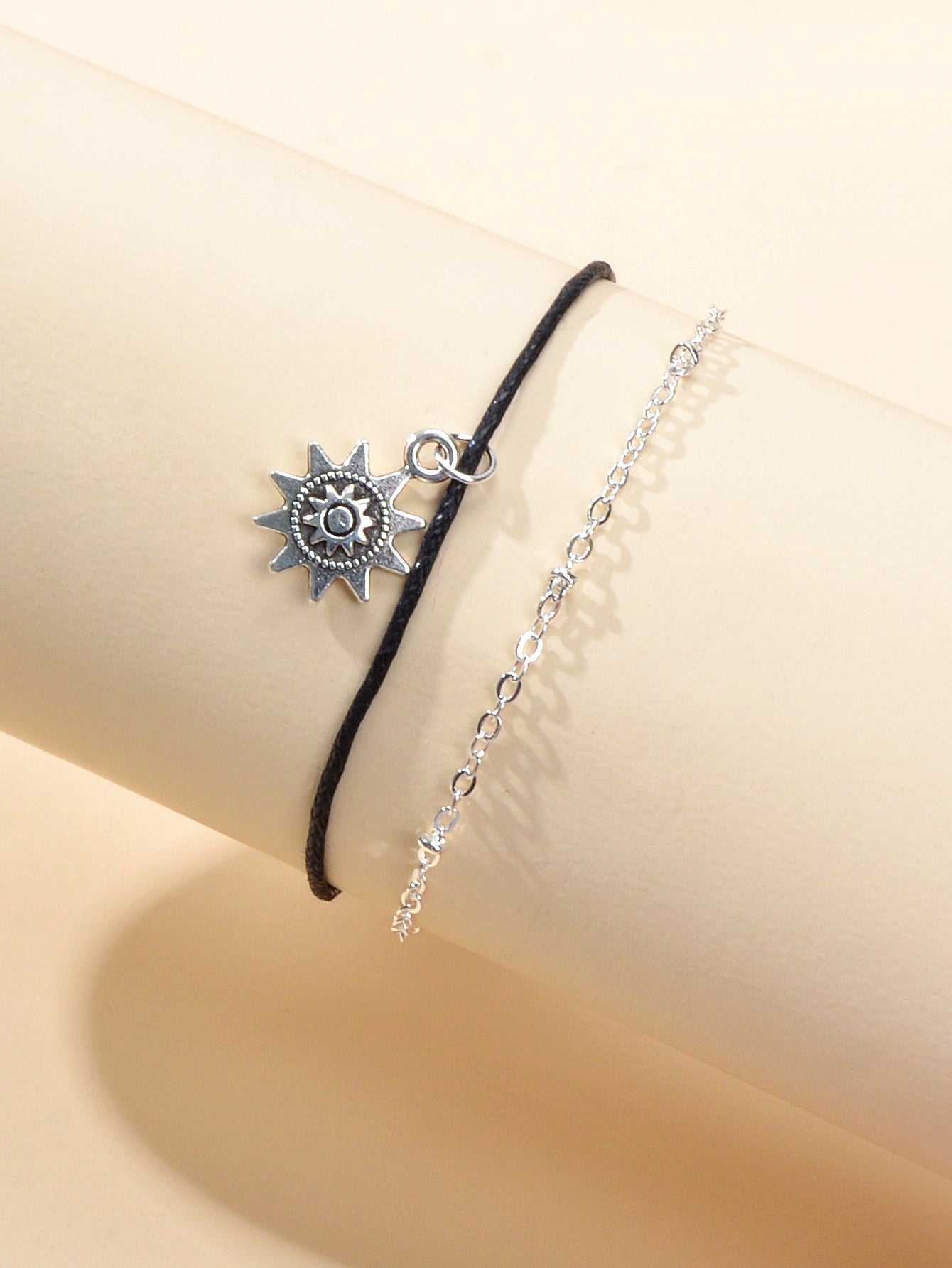 Black Cord Silver Chain Double layer Sunflower Charm String Anklet Bracelet Gift-1