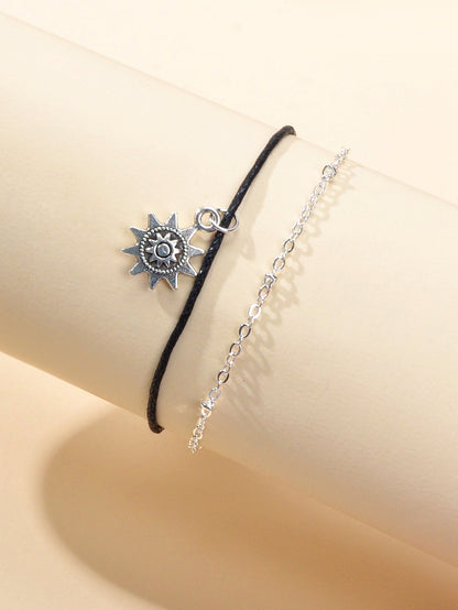 Black Cord Silver Chain Double layer Sunflower Charm String Anklet Bracelet Gift-1