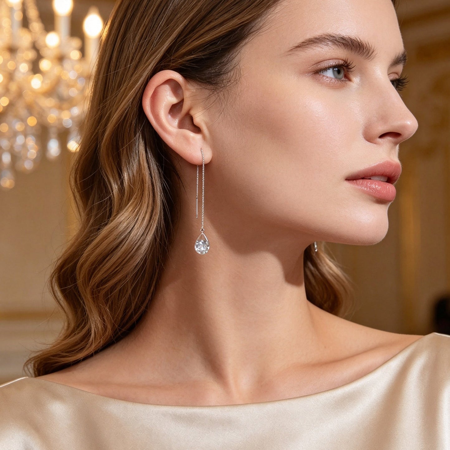 Silver Long Thin Chain Glitter Water Drop Dangle Earrings Dainty Ear Line Elegant Party Banquet Jewelry-1