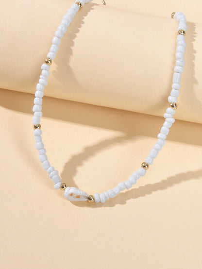 Feelontop Handmade Elegant Boho Seed Beads White Shell Necklace Choker Collar-2