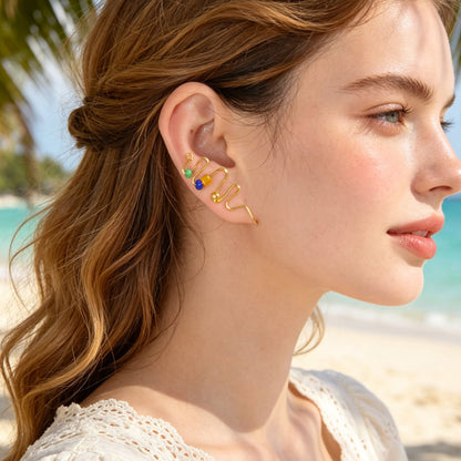2pcs Wavy Gold Ear Cuff No Piercing Summer Rainbow Bead Ear Wrap Clip On Earring-0