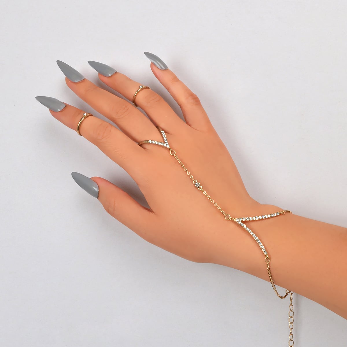 Jewellery set Rhinestone Decor Gold Chain Slave Bracelet and 2 pcs Knuckle Ring-0