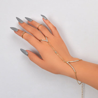 Jewellery set Rhinestone Decor Gold Chain Slave Bracelet and 2 pcs Knuckle Ring-0
