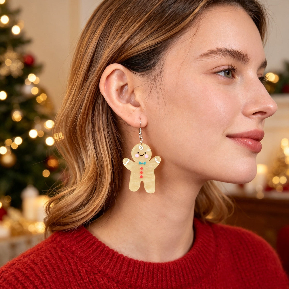 Cartoon  Christmas Gingerbread Man Drop Earrings Holiday Cute Sweet Jewelry-0