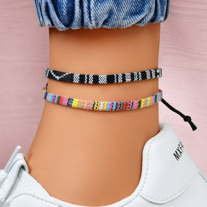 2pcs Valentine's Day Couple Best Friend Boho Braided Rope Matching Foot Anklets-0