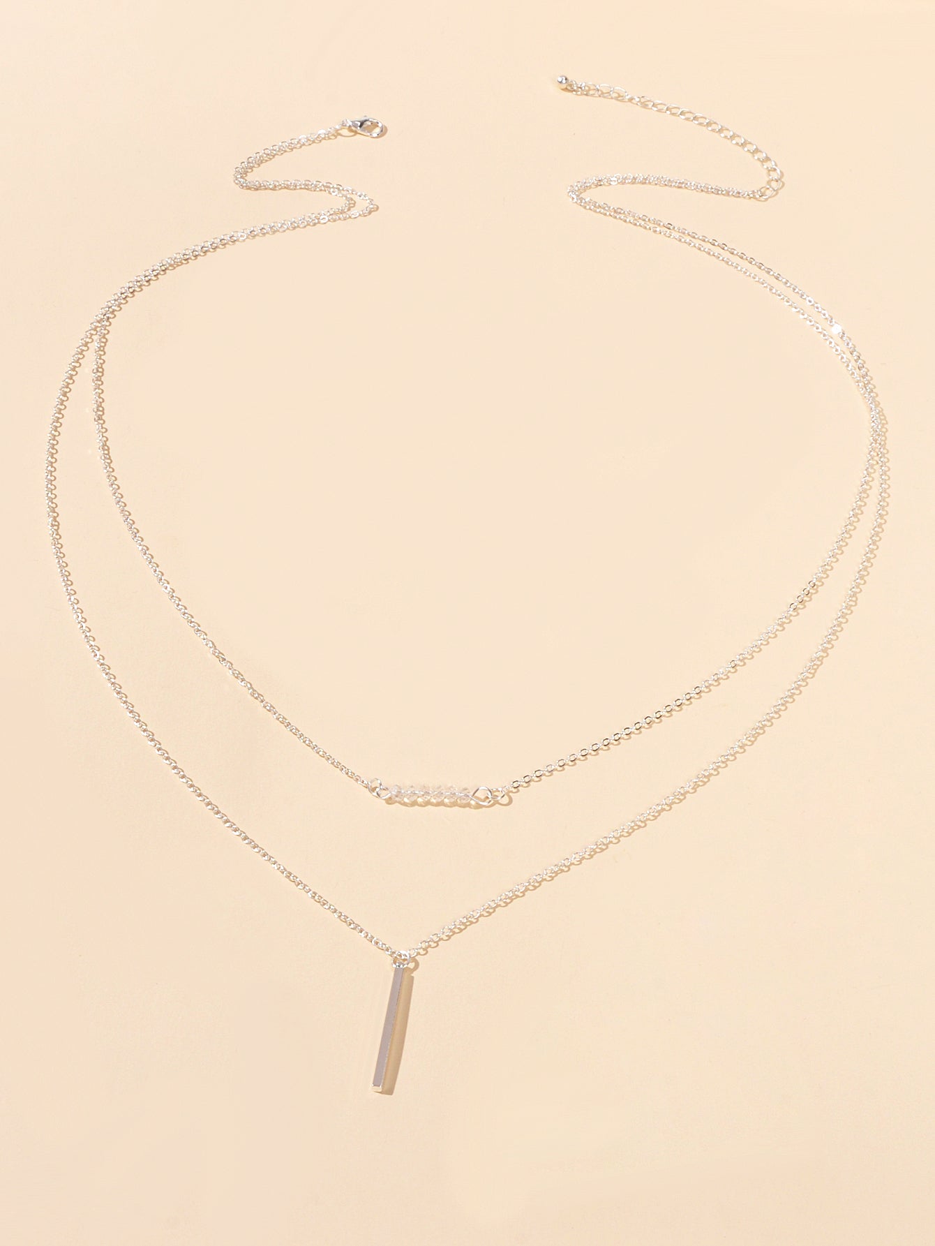 Feelontop Beads Decor Gold Silver Double layer Chain Bar Charm Necklace Jewelry-4