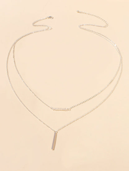 Feelontop Beads Decor Gold Silver Double layer Chain Bar Charm Necklace Jewelry-4