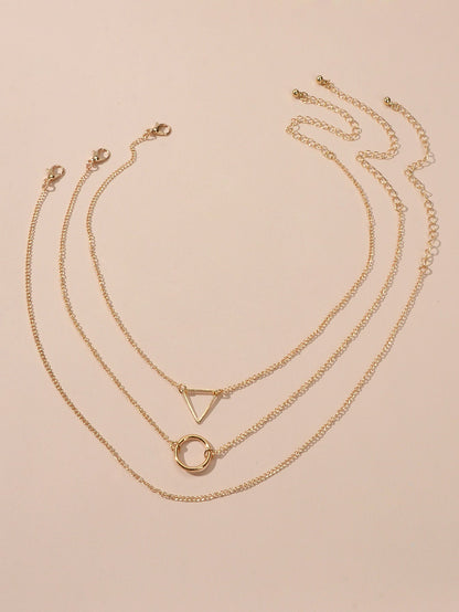 3 pcs Muti-layered Gold Silver Chain Circle Triangle Pendant Necklace Teens Gift-2
