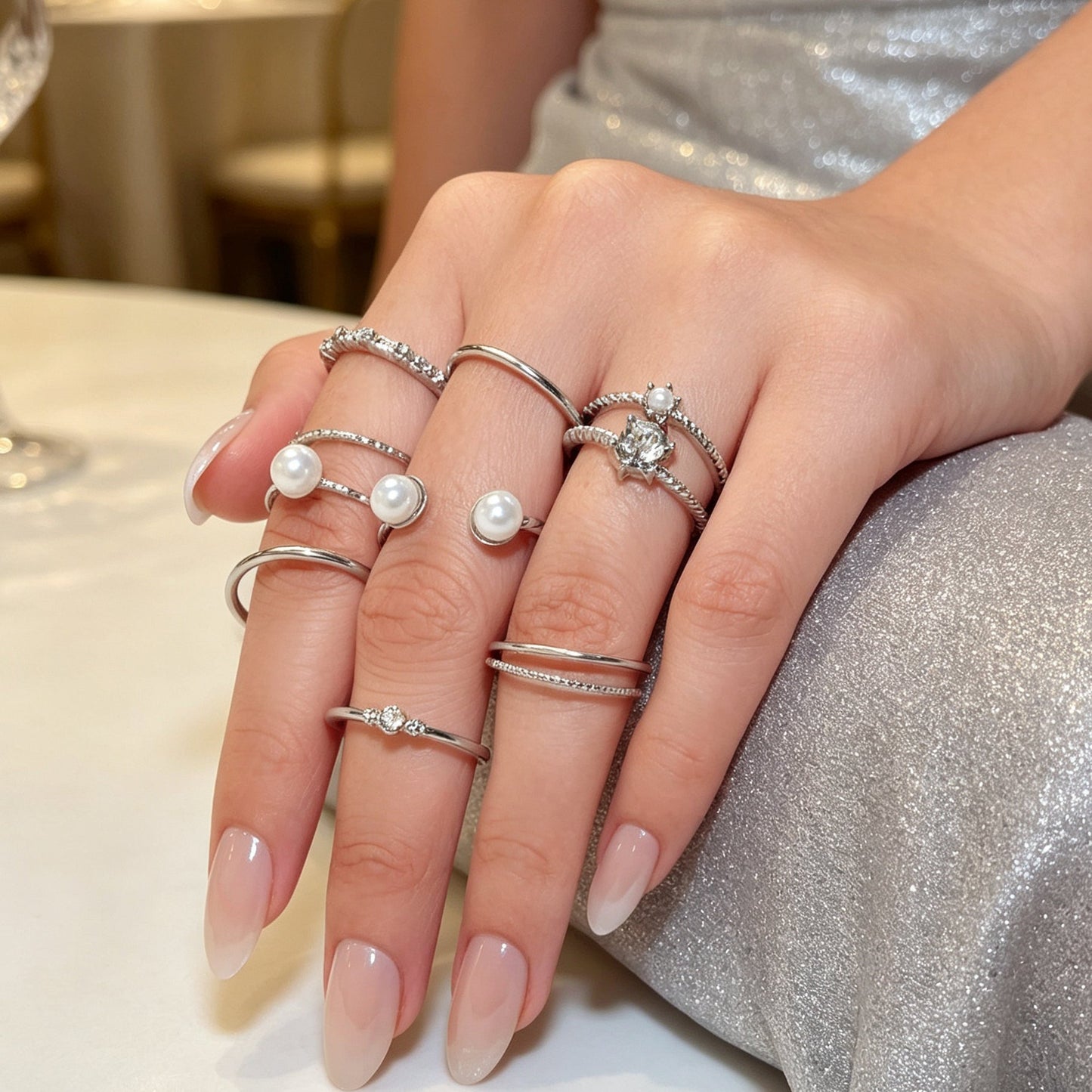 8pcs Stackable Rings Set Elegant Silver Pearl Crystal Fashion Statement Jewelry-0