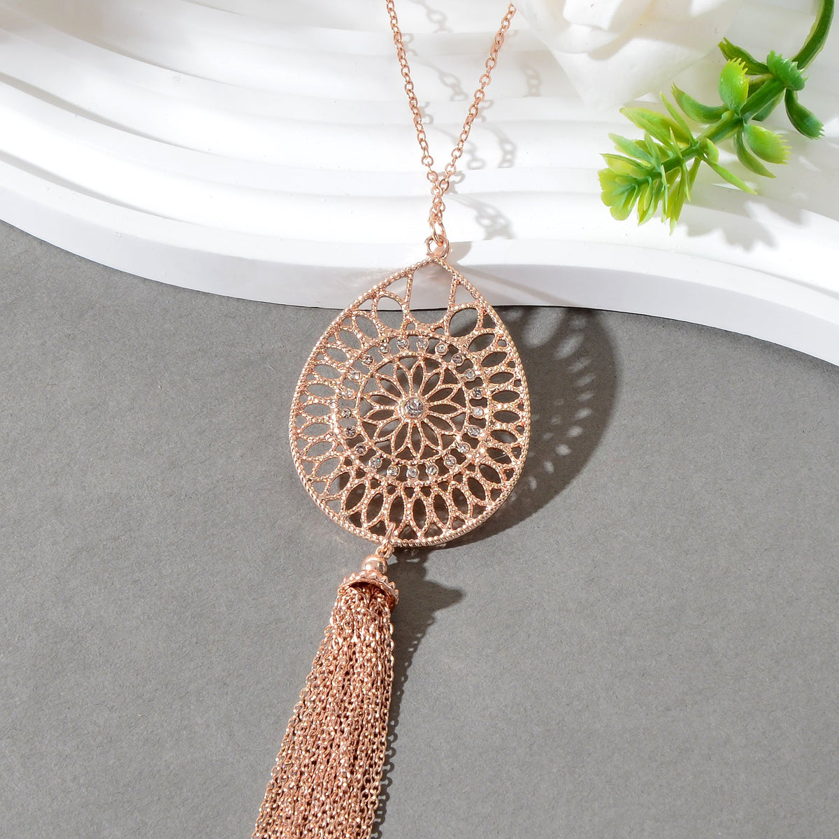 Fashion Rhinestone Decor Carved Hollow Flower with Chain Tassel Long Necklace-1