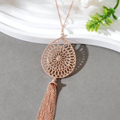 Fashion Rhinestone Decor Carved Hollow Flower with Chain Tassel Long Necklace-1