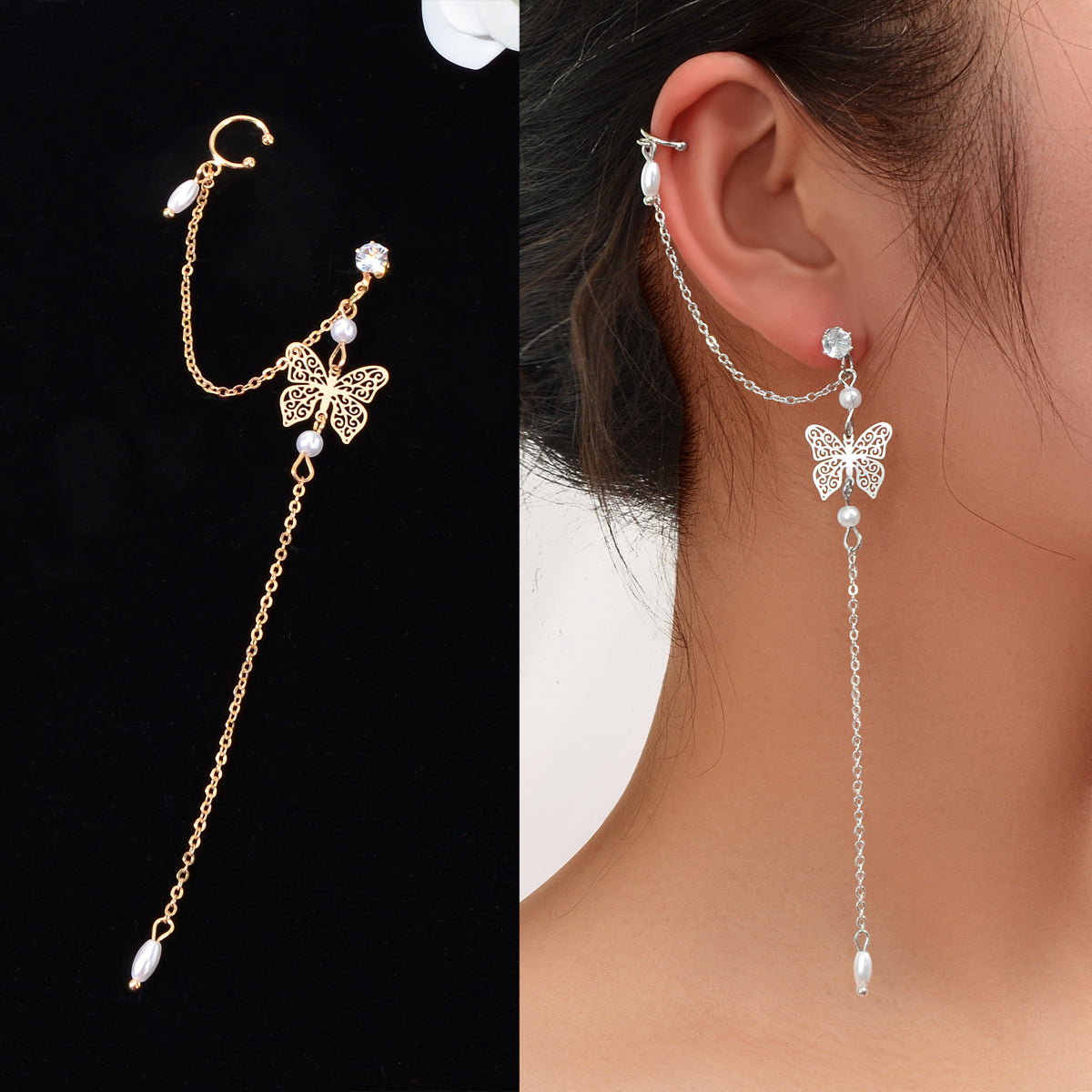 Butterfly Pendant Tassel Stud Earrings - Elegant and Whimsical Dangles Ear Clip-0
