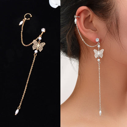 Butterfly Pendant Tassel Stud Earrings - Elegant and Whimsical Dangles Ear Clip-0