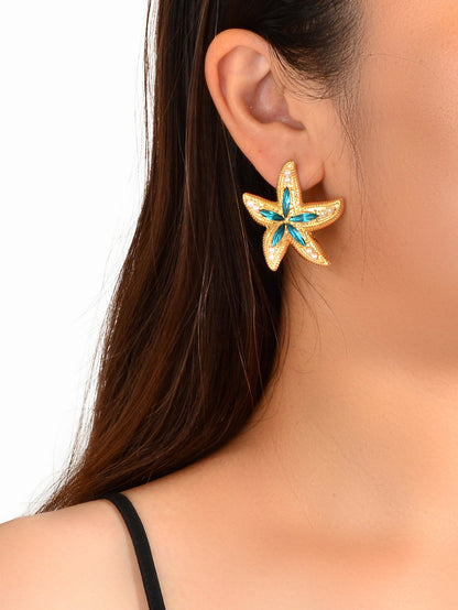 Classic Blue Gemstone Pearl Decor Sea Starfish Stud Girls New Lovely Earrings-1