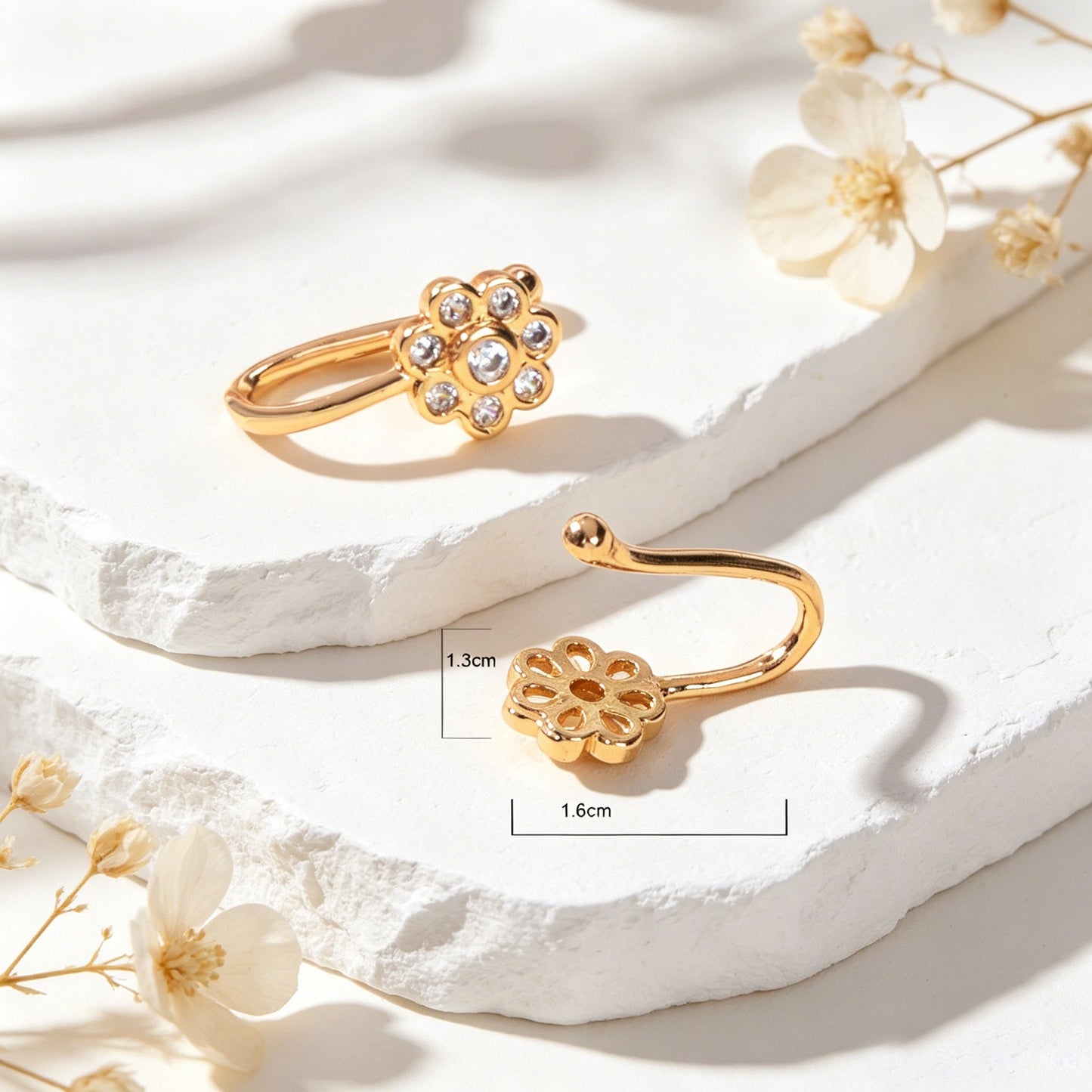 2pcs Rhinestone Gold Flower Ear Cuff Earrings Elegant Dating Party Jewelry Gift-4