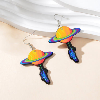 School Sport Style Colorful Acrylic Space Series Astronaut Planet Dangle Earring-2