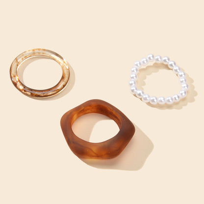 Multiple 3 pcs White Brown Resin Chunky Pearl Elastic Stackable Finger Ring Set-2