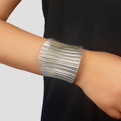 Silver Wide Cuff Bangle Statement Jewelry Glamorous Style Bracelet-0