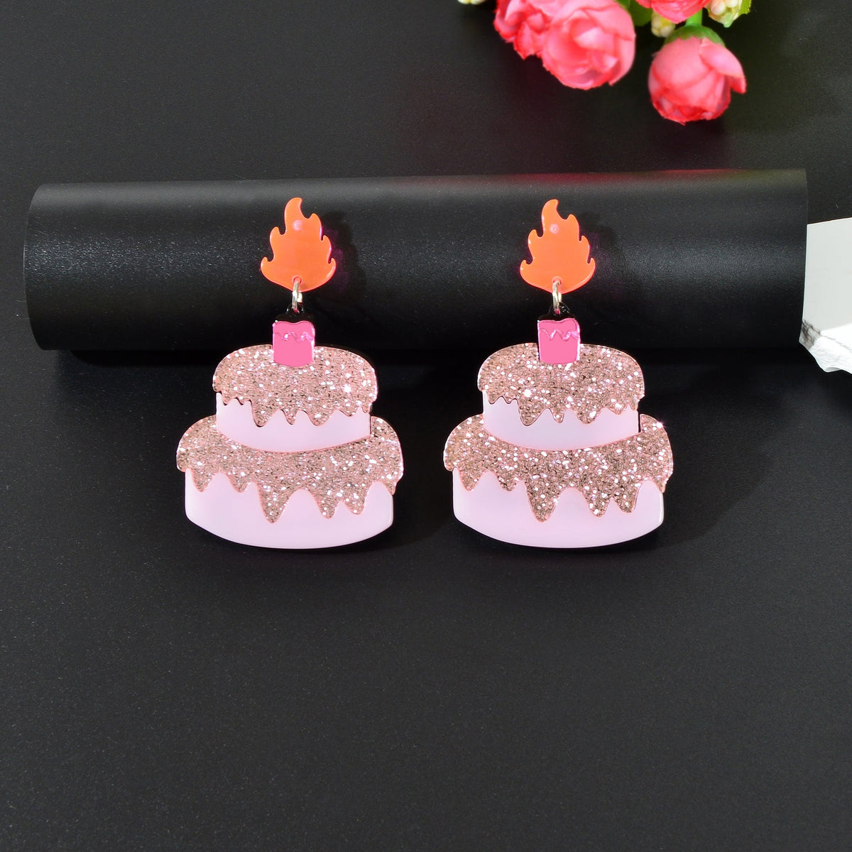 Sweet Sequin Decor Pink Acrylic Cake Dangle Earrings for Women Party Jewellery-1