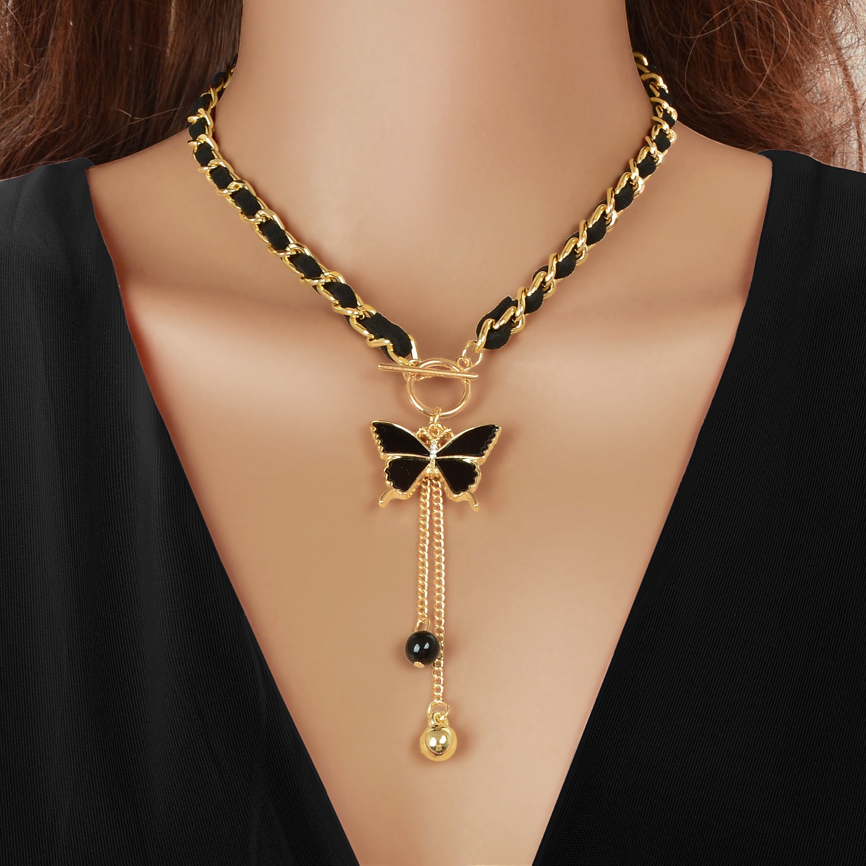 1pc Designer Stylish Butterfly Charm and Ball Pendant Tassel Braided Long Necklace Women Party Daily Jewelry-0