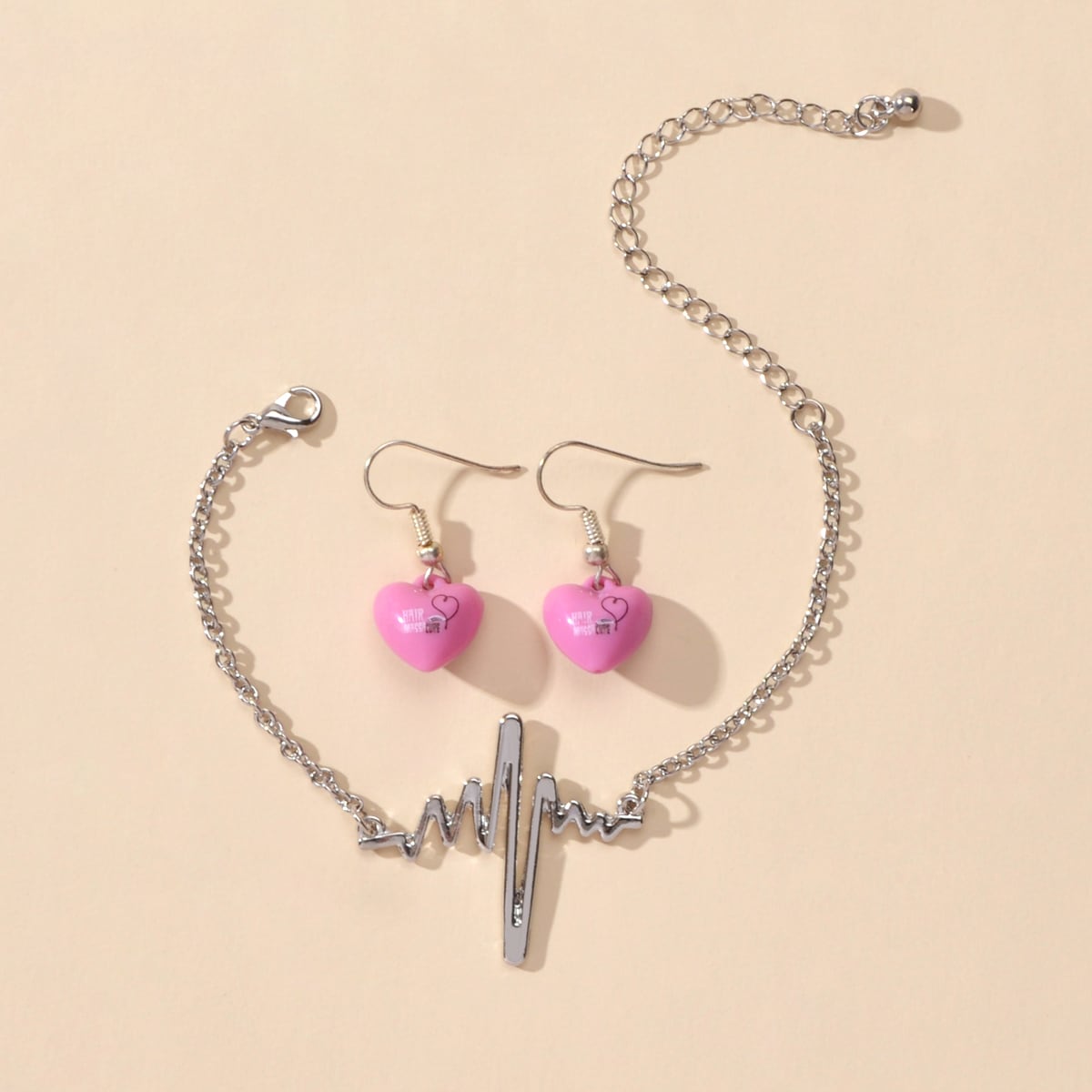 Silver EKG Heart Shape Bracelet with Heart Pendant Earrings Set Jewelry Ensemble-0