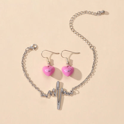 Silver EKG Heart Shape Bracelet with Heart Pendant Earrings Set Jewelry Ensemble-0