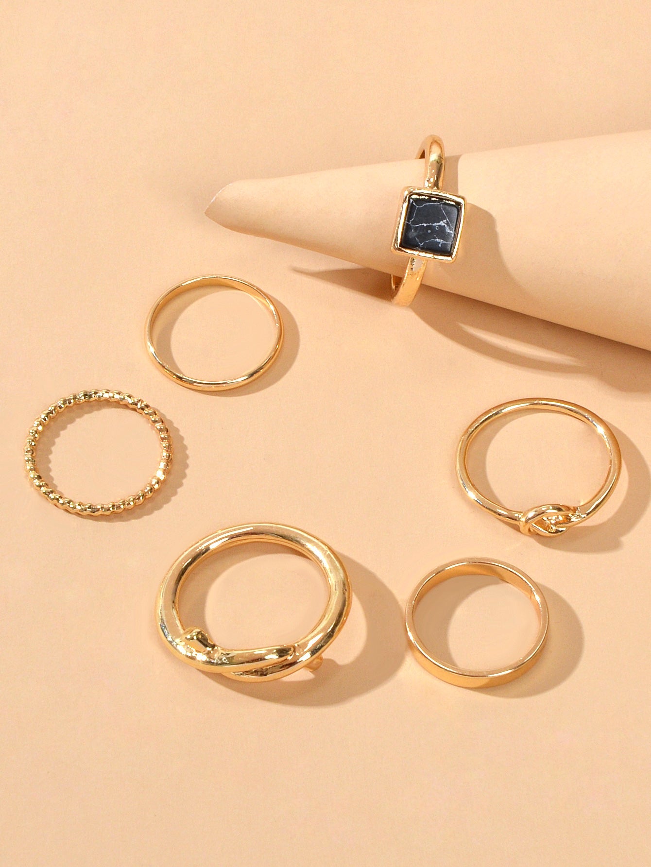 6 pcs Fashion Jewellery Black Stone Decor Gold Silver Midi Finger Knuckle Rings-4