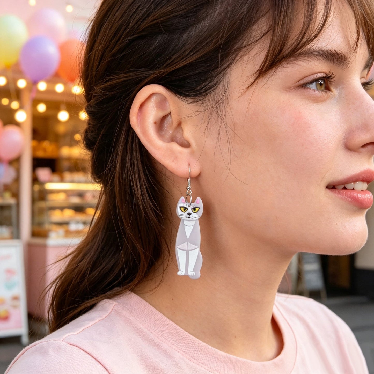 Fun Grey Long Cat  Acrylic Dangle Earrings Cute Pet Animal Element Accessories-1