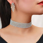 Silver Colour Full Crystal Short Choker Necklace & Tassel Earrings Jewellery Set-0