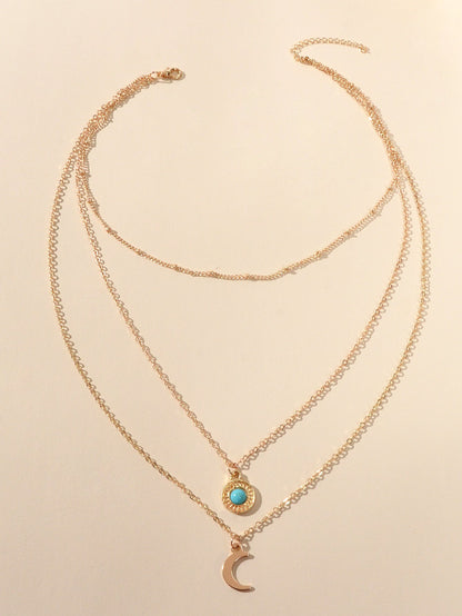 Gold Silver Multi-layer Chain Round Turquoise Moon Pendant Necklace Party Collar-3