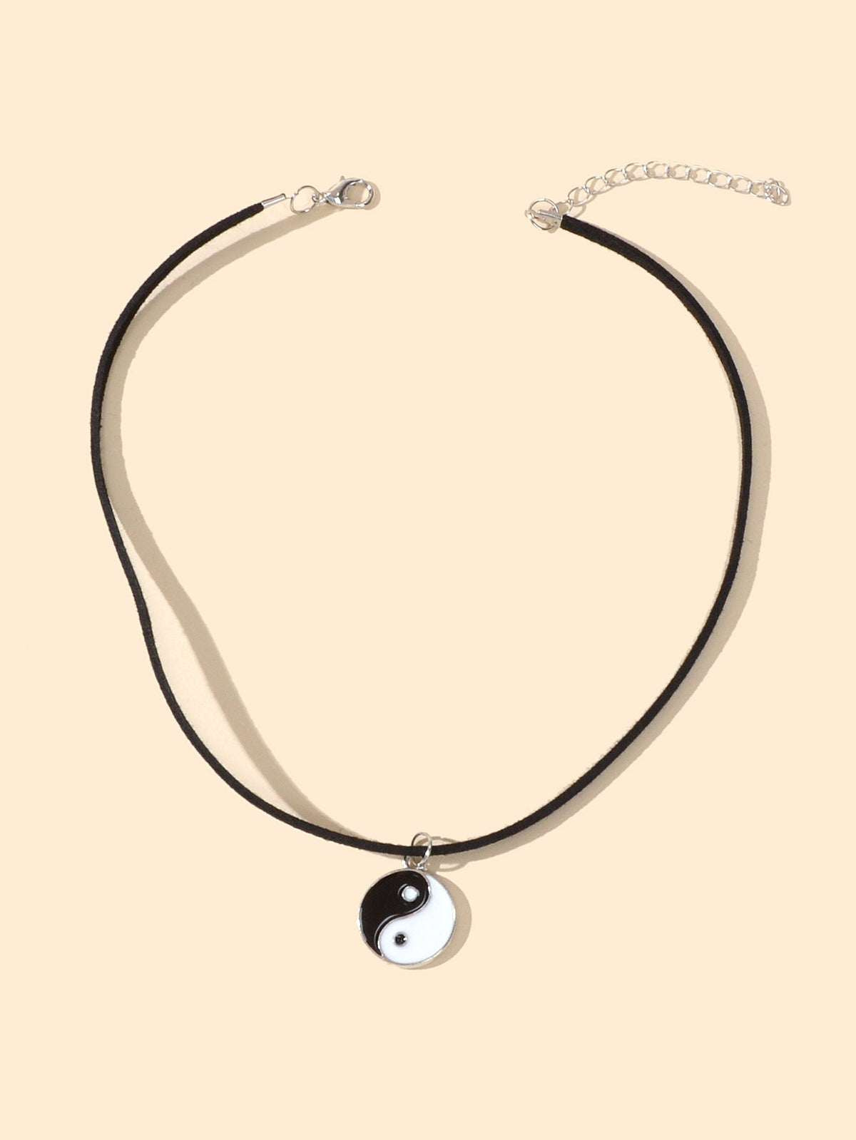 Black Cord Enamel Yin Yang Tai Chi Round Pendant Necklace PU Leather Rope Collar-2