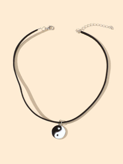 Black Cord Enamel Yin Yang Tai Chi Round Pendant Necklace PU Leather Rope Collar-2