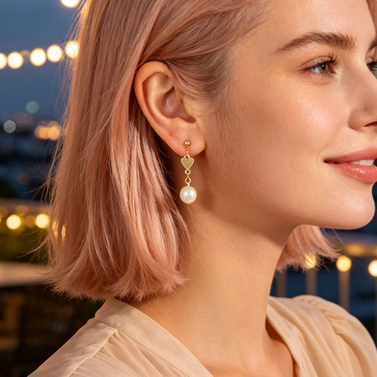 Lovely Gold Heart Pearl Chain Drop Dangle Earrings Daily Party Dating Jewellery-1