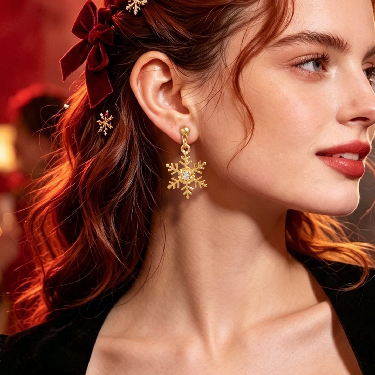Luxury Gold Inlaid Crystal Snowflake Dangle Earrings Christmas Festive Jewellery-0