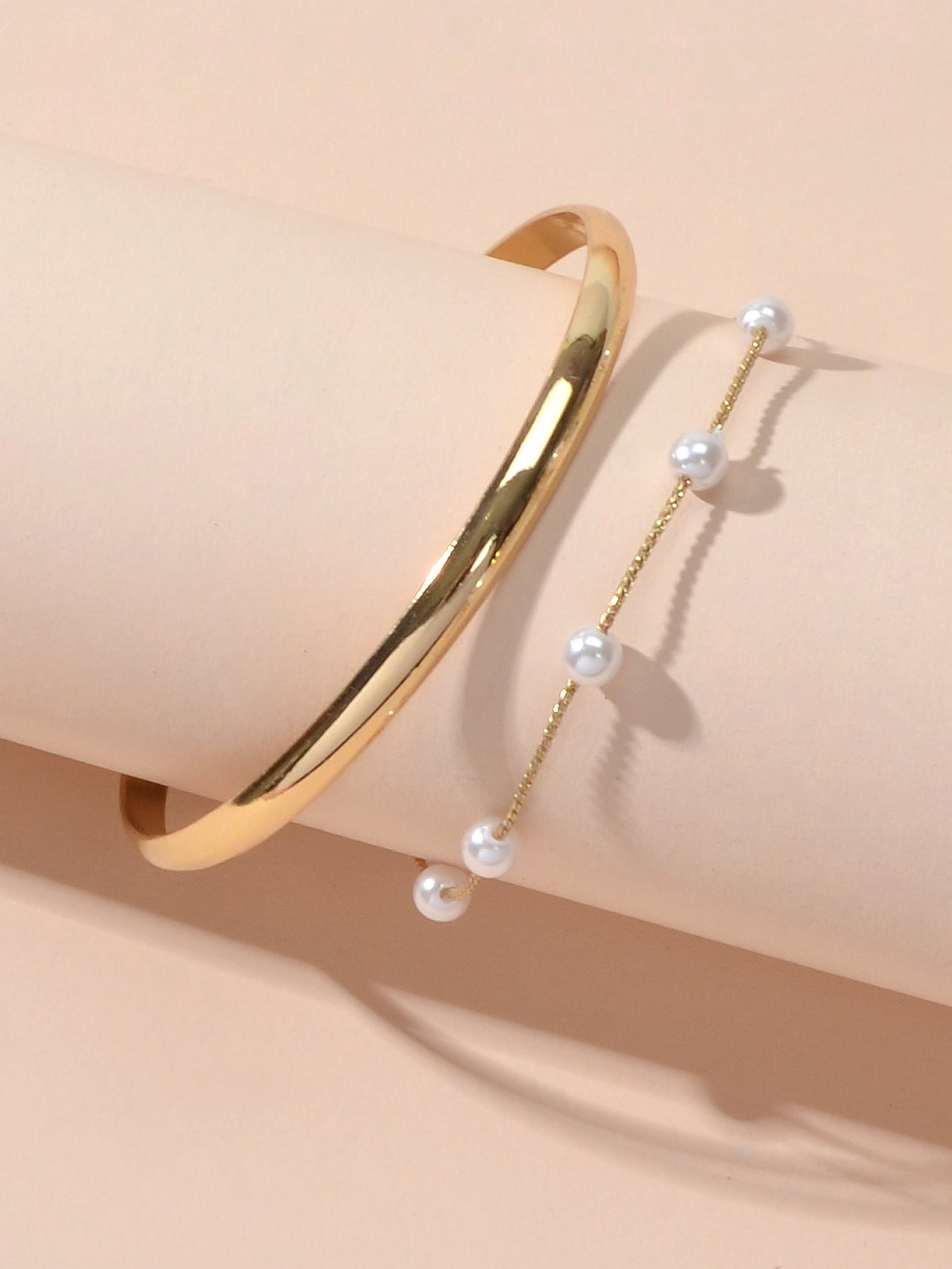 Fashion New Faux Pearl Decor Chain Gold Bracelet Cuff Bangle for Women Jewellery-4