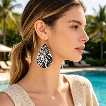 Boho Black White Paisley Pattern Water Drop PU Leather Dangle Earrings Beach Vacation Jewelry-0