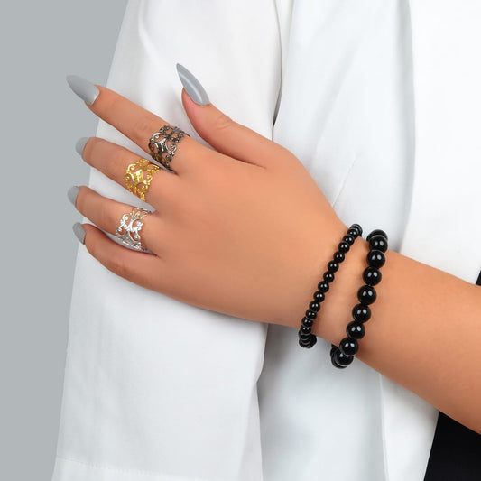 Double Layer Black Bead Bracelet with 3 Vintage Rings Set - Retro Chic Ensemble-0