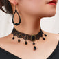 Black Beaded Pendant Lace Choker Necklace Teardrop Earrings Elegant Jewelry Set-0