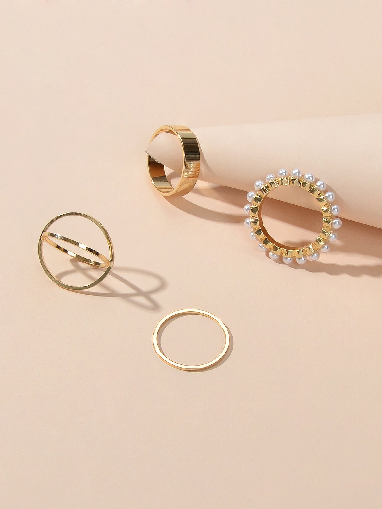 4 pcs Fashion Jewellery Pearl Decor Gold Geometric Midi Finger Knuckle Rings set-3